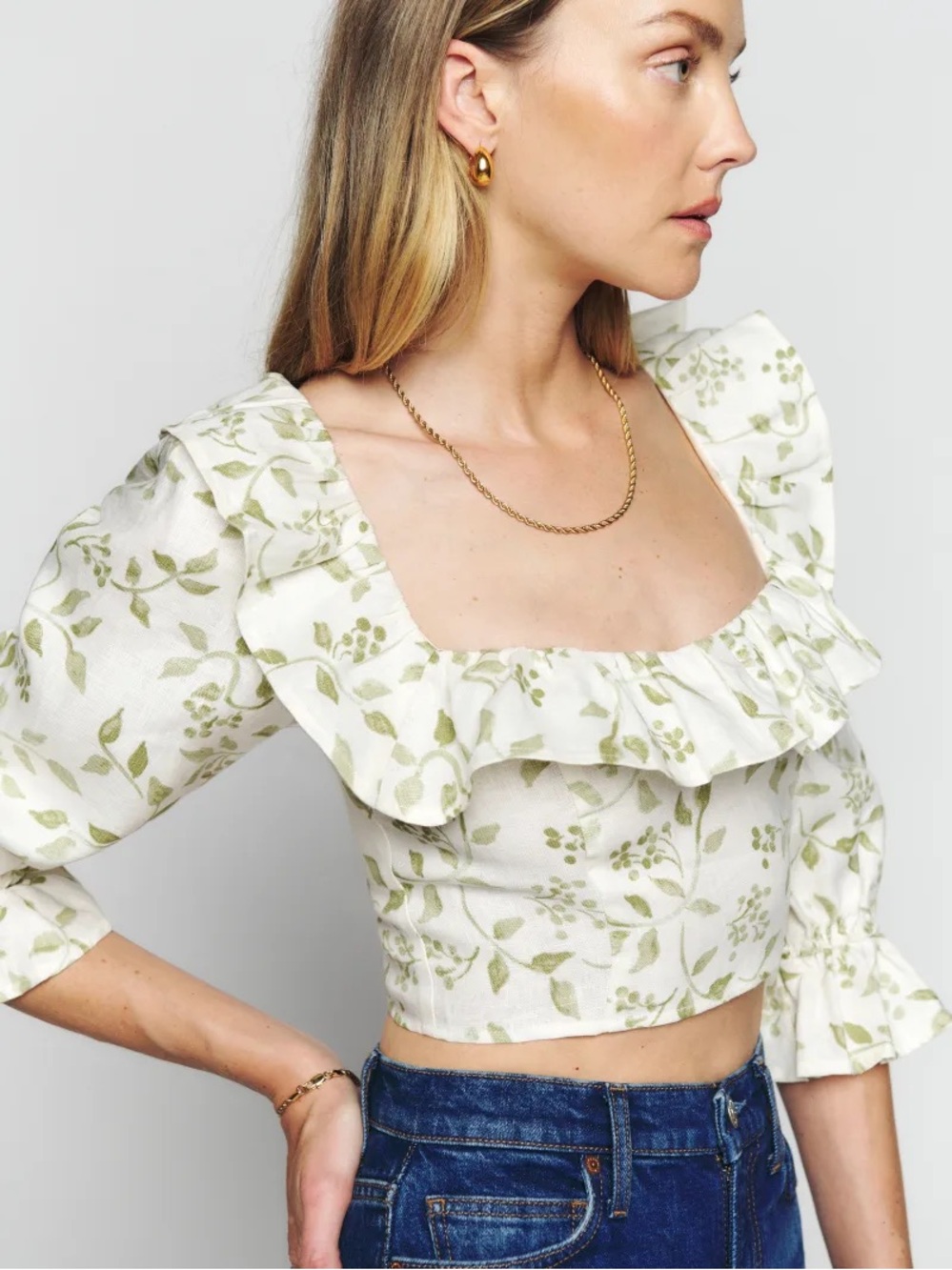 Reformation Edgewater Linen Botanical Floral Print Ruffle Puff Sleeve Top Size 4